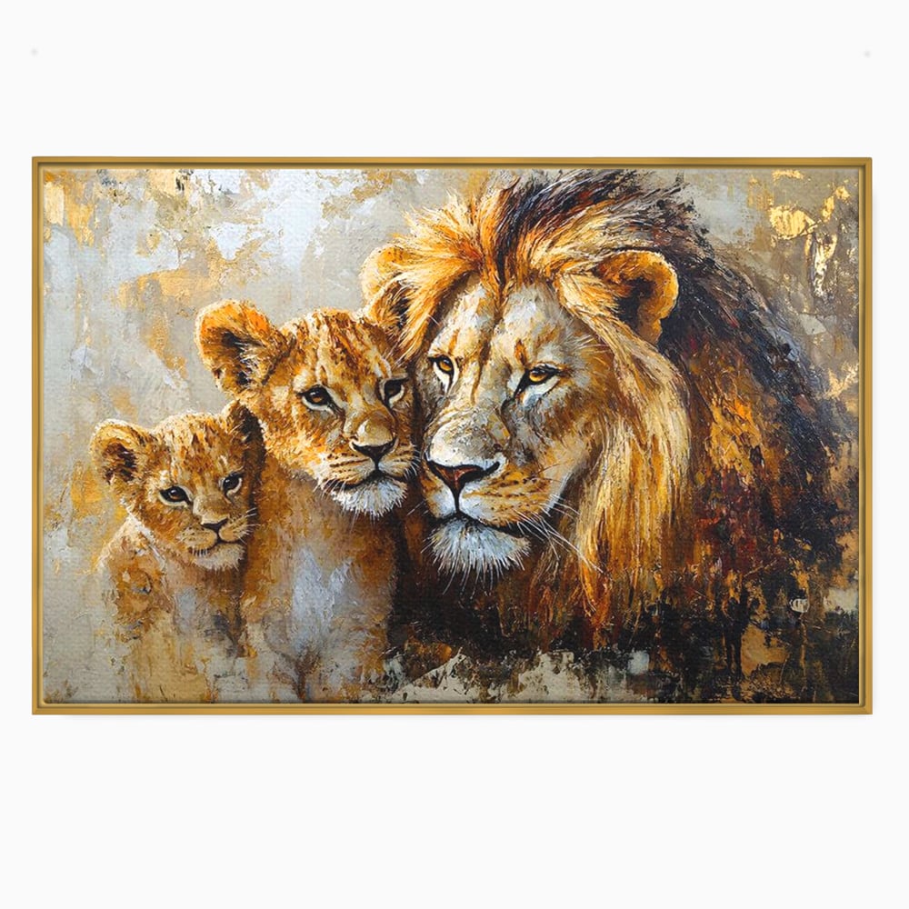 Tablou canvas cu tablou cu leu adult si doi pui, in rama de aluminiu auriu